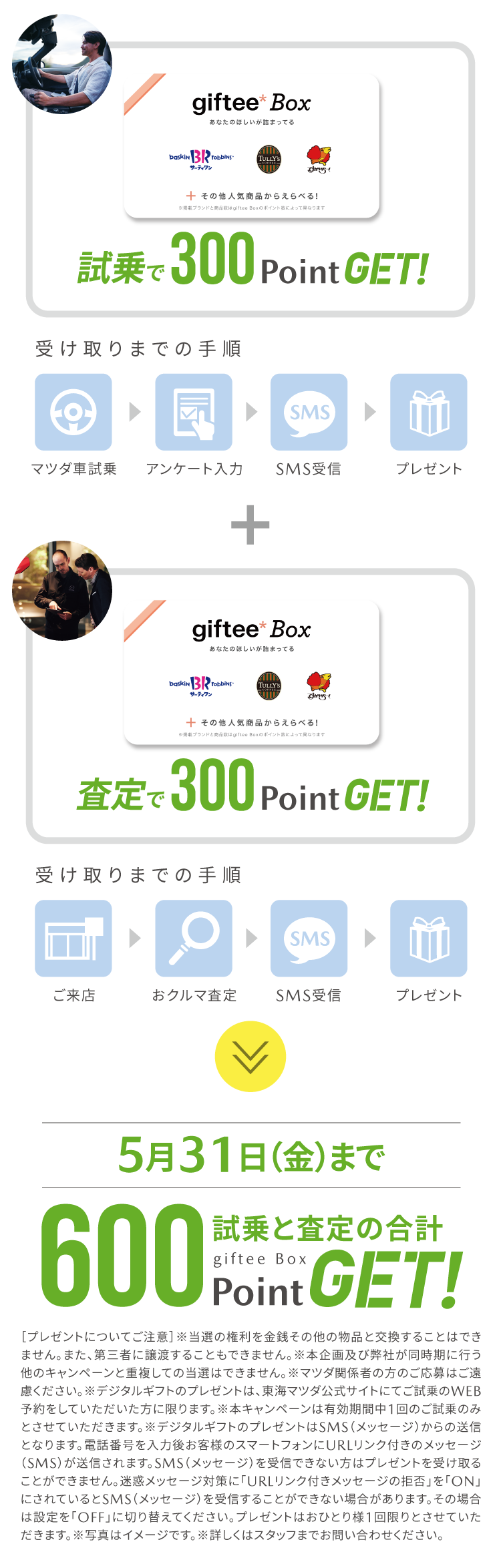 試乗と査定でデジタルギフト「giftee box」600PointGET